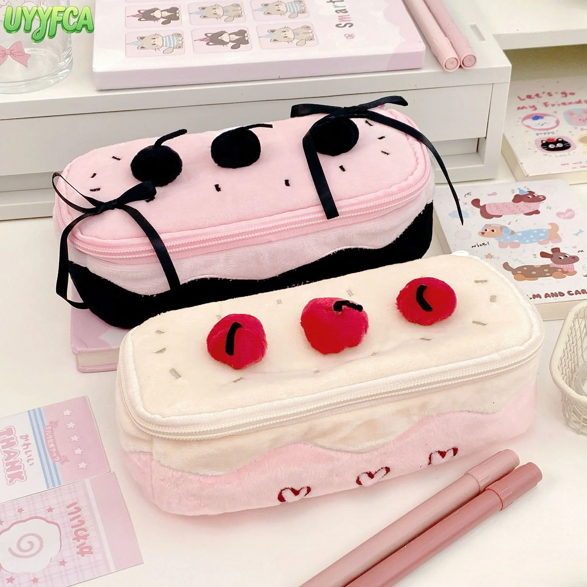 3D Cherry Cake Plush Pencil Case, Kawaii Stationery Pouch with Pom Poms for Teen Girls, Large Capacity Double Use for School Supplies, Organizing Art Supplies, 3D Cherry Cake Shape, Back-To-School, Cute, Daily Travel, Going Back To School Shopping, Large