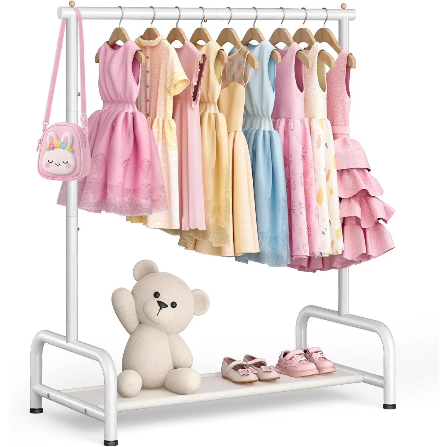 Kids Clothing Rack, Small Baby Clothes Rack with Bottom Storage Shelf, Kids Dress Up Rack Storage for Coats, Dance Costume Garment Rack for Hanging Clothes, White