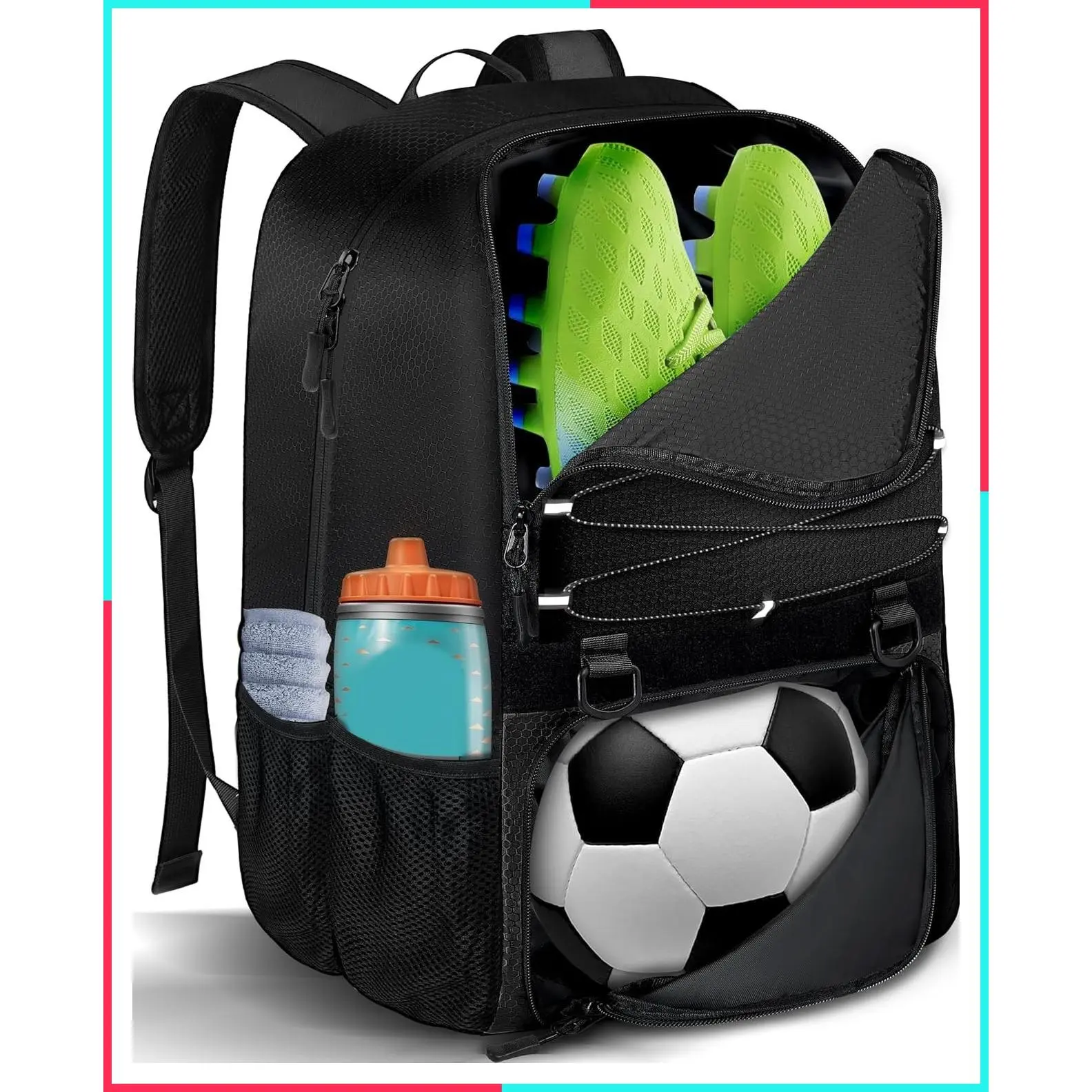 Youth Soccer Backpack with Ball Compartment, Sports Equipment Training Bag Fits Basketball, Football, Volleyball and Accessories, Black