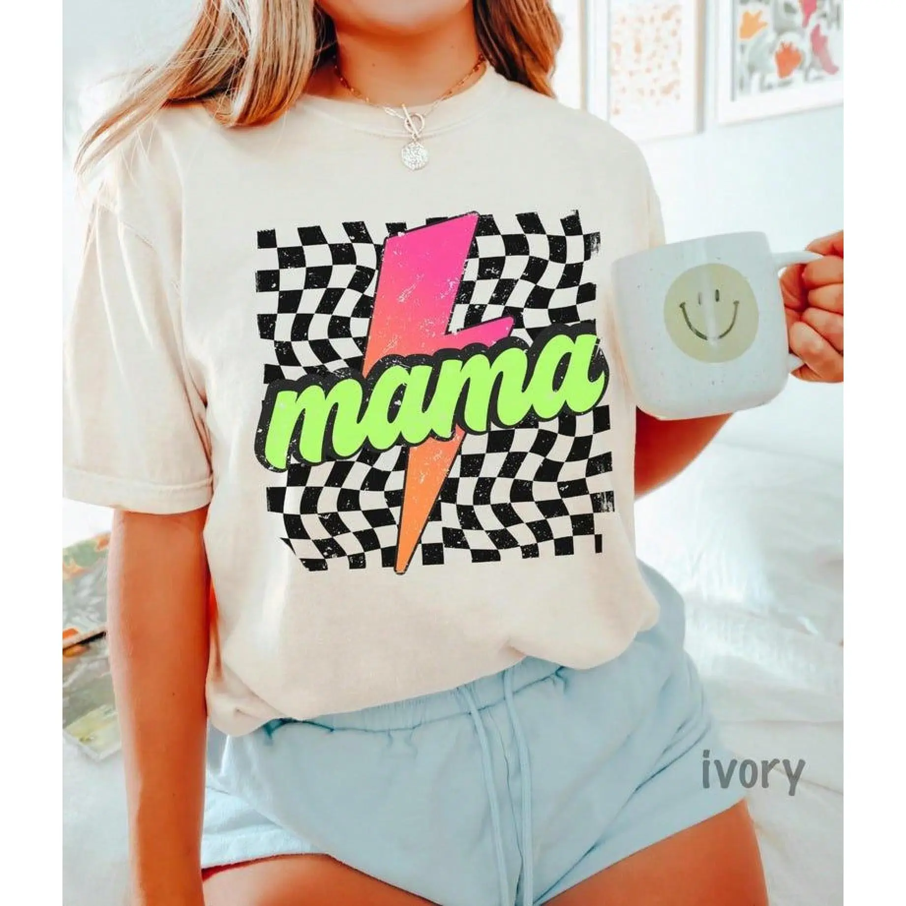 [100% Cotton] TaggedThreads Retro Checkered Mom, Mothers Day Gift Neon Mama Shirt, Checkered Mama Shirt, Lightning Shirt, Gift For Mom, Mom Shirt, Co