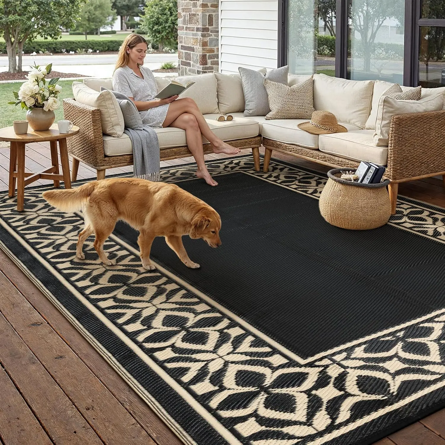 Straw Rug Black Beige Large Outside Waterproof 6x9 Carpet Geometric Reversible Mat for Camping RV Porch Deck Balcony Beach