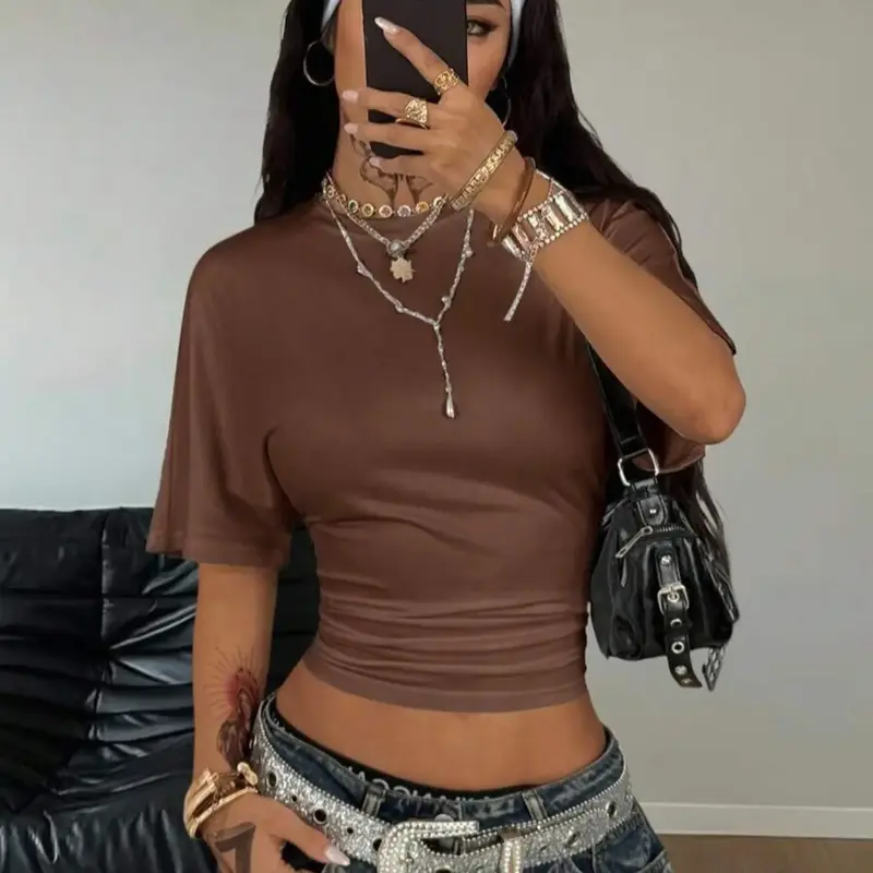 Women's Summer Casual Everyday Y2K Basic Minimalist Loose Ruched Cropped Short Fit T-Shirt, Elastic Stretchy Street Style Tee Casual Tee Shirts for Daily Wear & Back to School Streetwear, Top #GLOBAL PICKS
