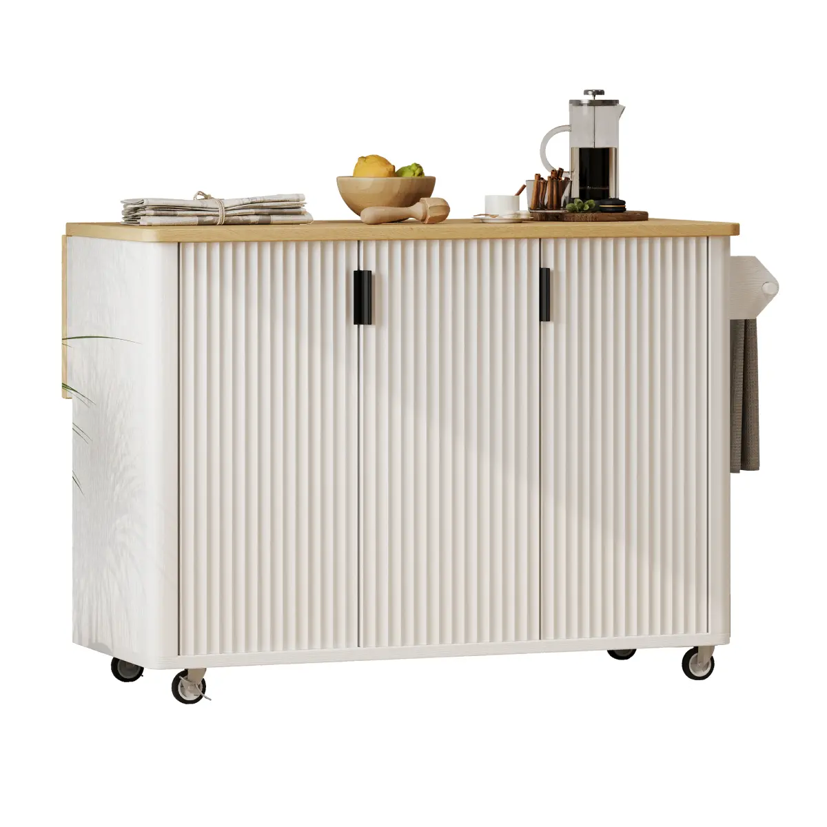 51.3*29.5*36.4 Inch Wave Fluted Rolling Kitchen Island With Drop Leaf Ash Veneer MDF Cart 400 LBS Tabletop Lockable Wheels Solid Pine Feet Soft Close Hinge Adjustable Shelves Mobile Storage Cabinet For Kitchen Dining Room