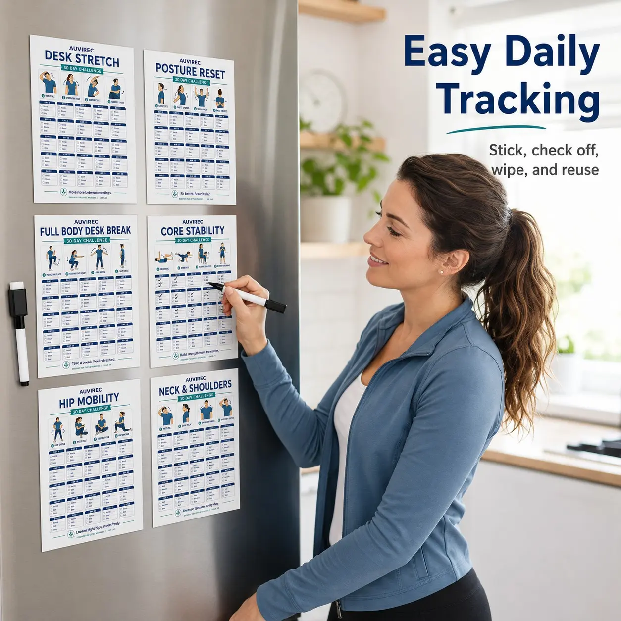 Auvirec 6-Piece Reusable Fitness Planner Set, 30-Day Sitting Stretch Tracker, Pet Erasable Board with Marker, Office/mirror/fridge Use