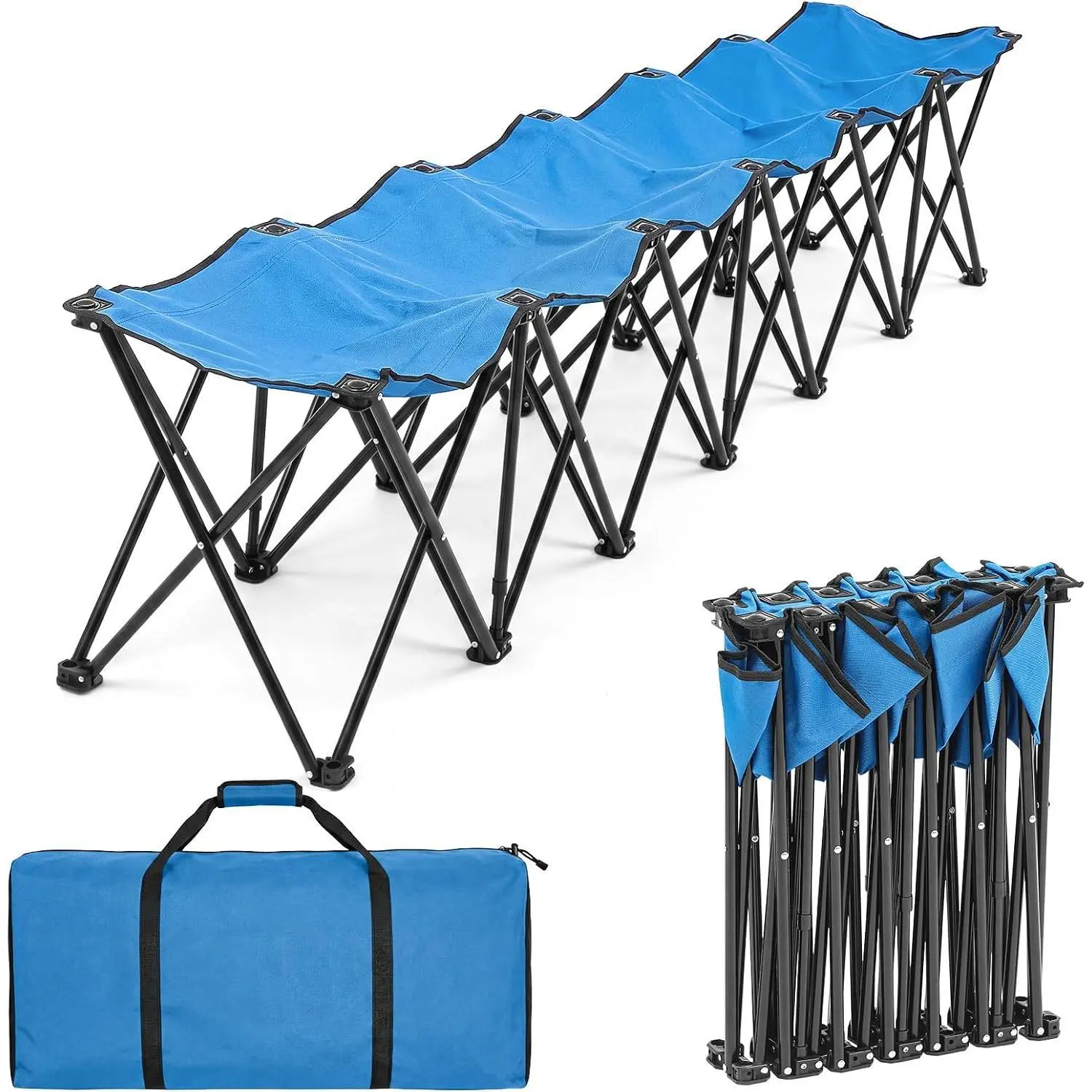 GlikCeil 6 Seats Blue Folding Soccer Team Bench Seat Portable Sports Team Bench Unfolded Sideline Chair Playing Field Bleachers for Football Outdoor Sports Events with Storage Bag, No Assembly