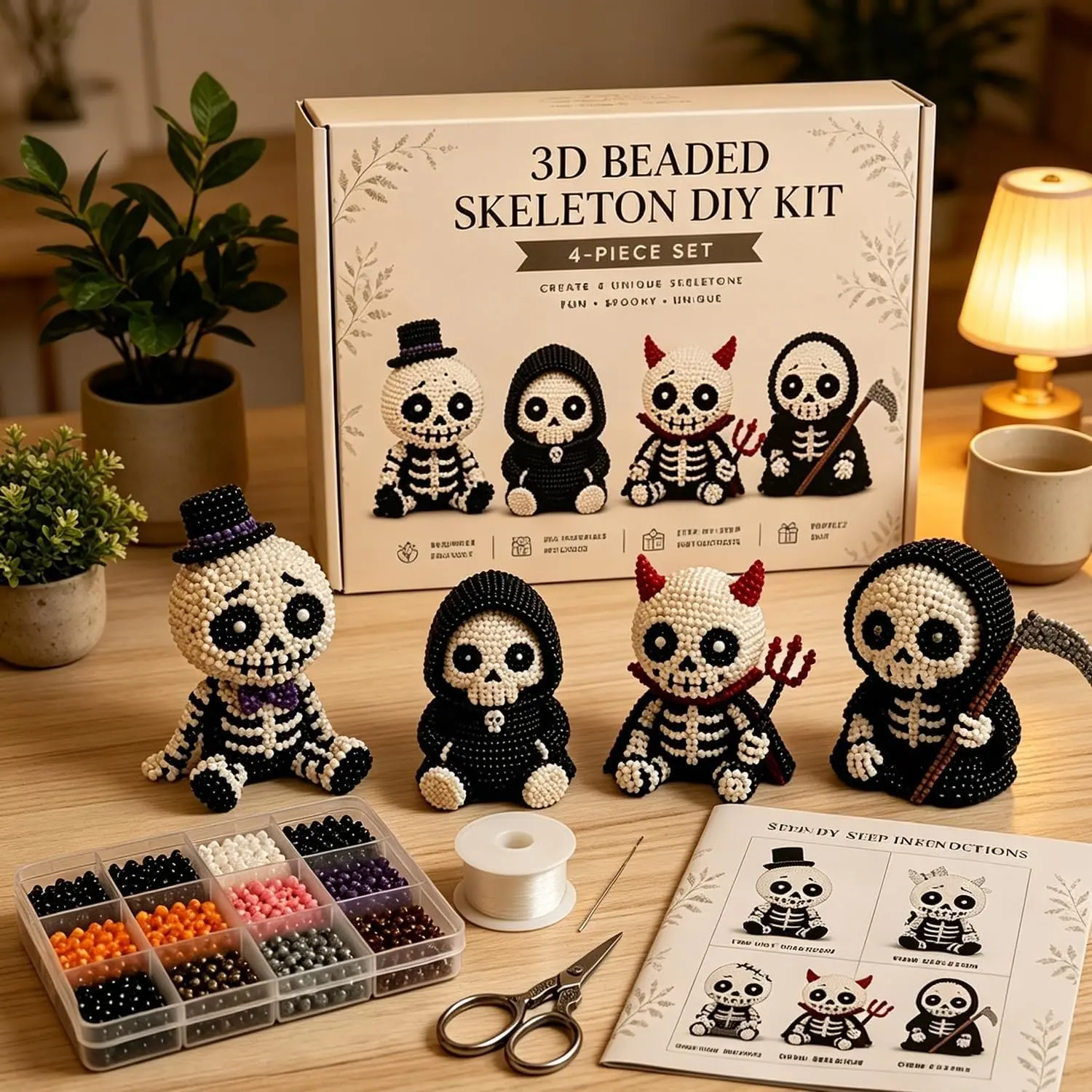 DIY 3D Skull Beading Set, includes materials and instructions, Beading Making, Halloween home decoration, Mini Beaded World 3D DIY Series, Cute Four-Piece Skull Beading Set, Diy Beads