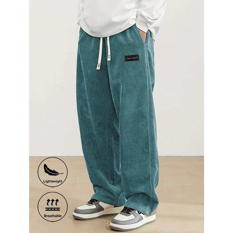 Men’s Corduroy Straight‑Leg Pants, Elastic Drawstring Waist, Soft Casual Trousers for Spring Autumn, Daily Sports Hiking Wear