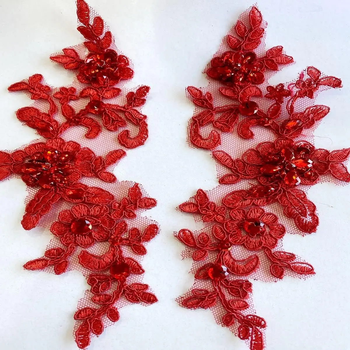 Fine Lace Fabric Patches Embroidered Rhinestones Trim Applique Decor Dress Decoration sew on Sequins Beads Accessory one Pair (Red)