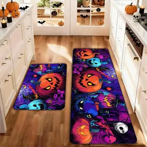Set of 2 Halloween Pumpkin Style Kitchen Rug , Washable Non-Slip Low Height Floor Mats, Home Decor for Kitchen Laundry Room Hallway