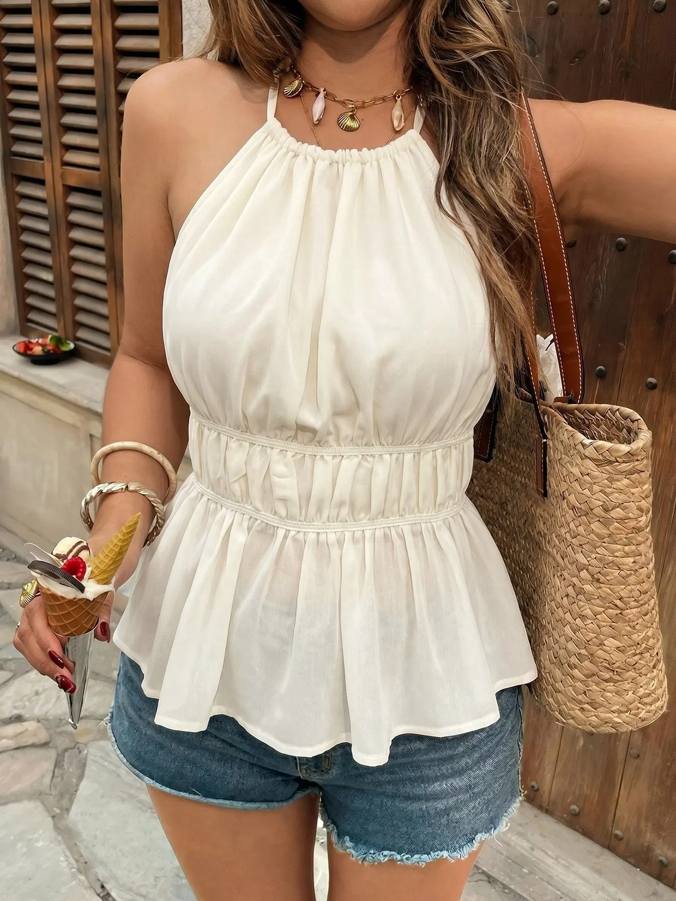 Vacation Style Backless Halter Top Shirt, Waist-Cinch Design, Perfect for Relaxing Days, Stylish and Comfortable Clothing Choice