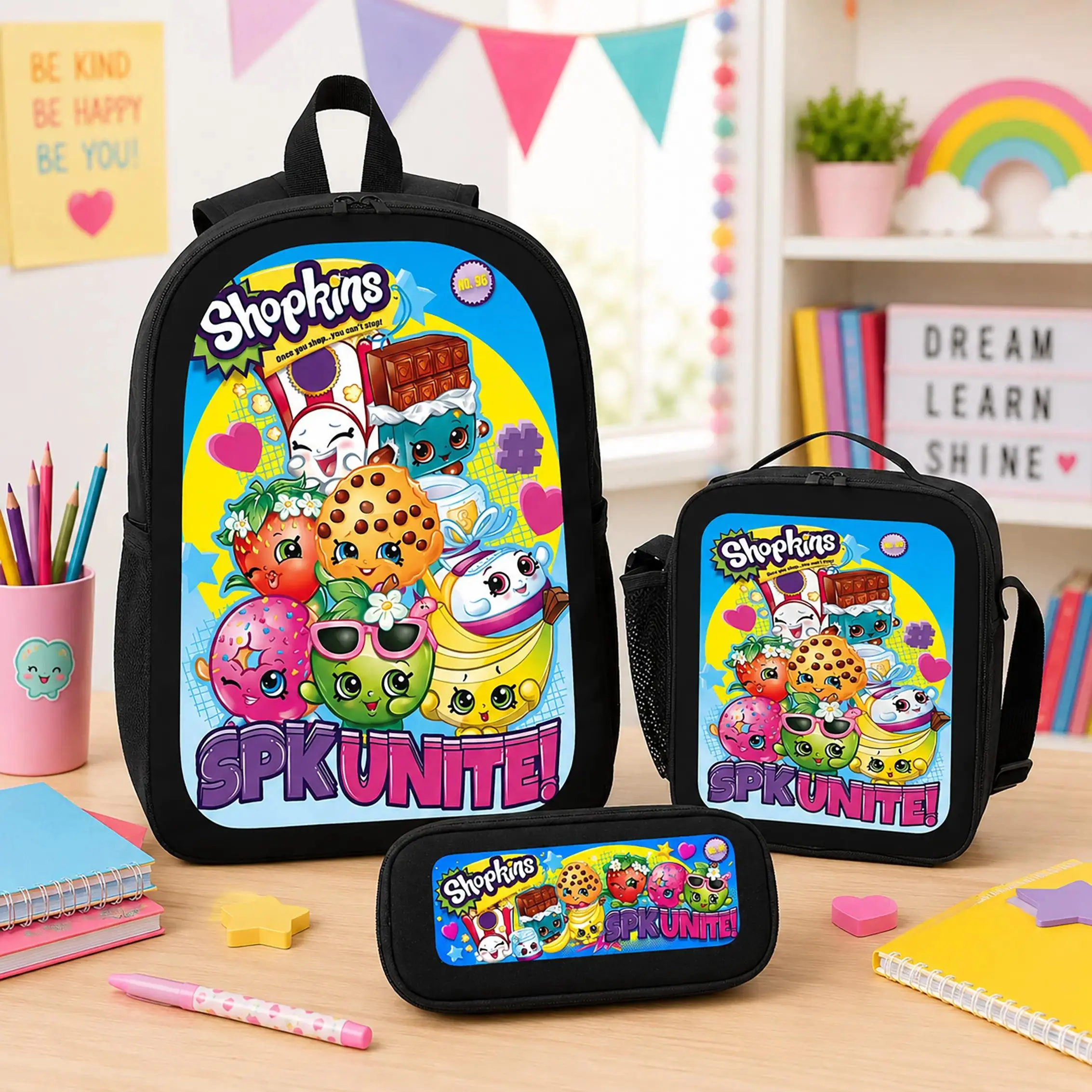 Shopkins Backpack Set 3 Piece Bookbag Lunch Bag Pencil Case Durable Polyester Lightweight Large Capacity Back To School Supplies Travel Daypack Cute Cartoon Bag For Girls Boys Kids Teens Students Viral Trendy Gift