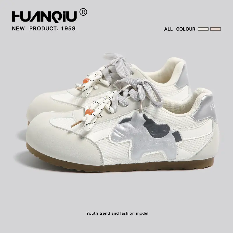 HUANQIU Cute Cartoon Adorned Walking Shoes, Off-White/Light Pink Mesh Breathable Casual Shoes with Raw Rubber Sole, Versatile Student Flat Women's Shoes