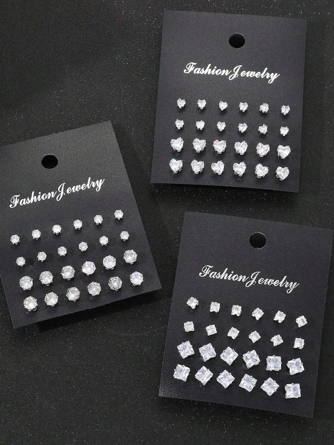 Fashion Minimalist Artificial Zircon Heart/Round/Square Shape Stud Earring Set, Gender Neutral Jewelry Gift for Graduates, Men and Women Ear Accessories, Stud Earrings