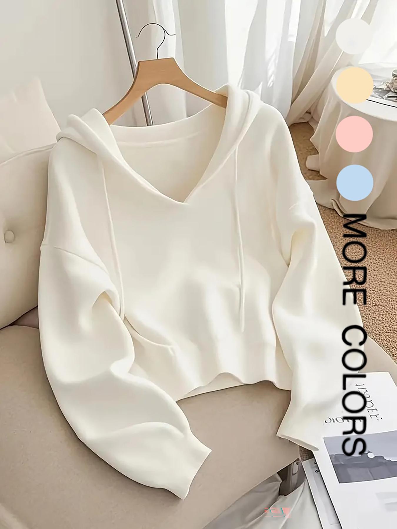 Women's V-Neck Adjustable Drawstring Hoodie, Loose Fit Soft Knit Pullover, Casual Unique Design Long Sleeve Sweatshirt for Early Autumn