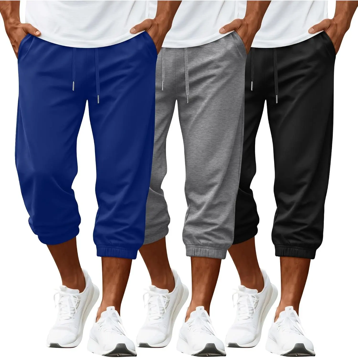 3 Pack Mens Capri Pants 3/4 Joggers, 3-Color, Medium