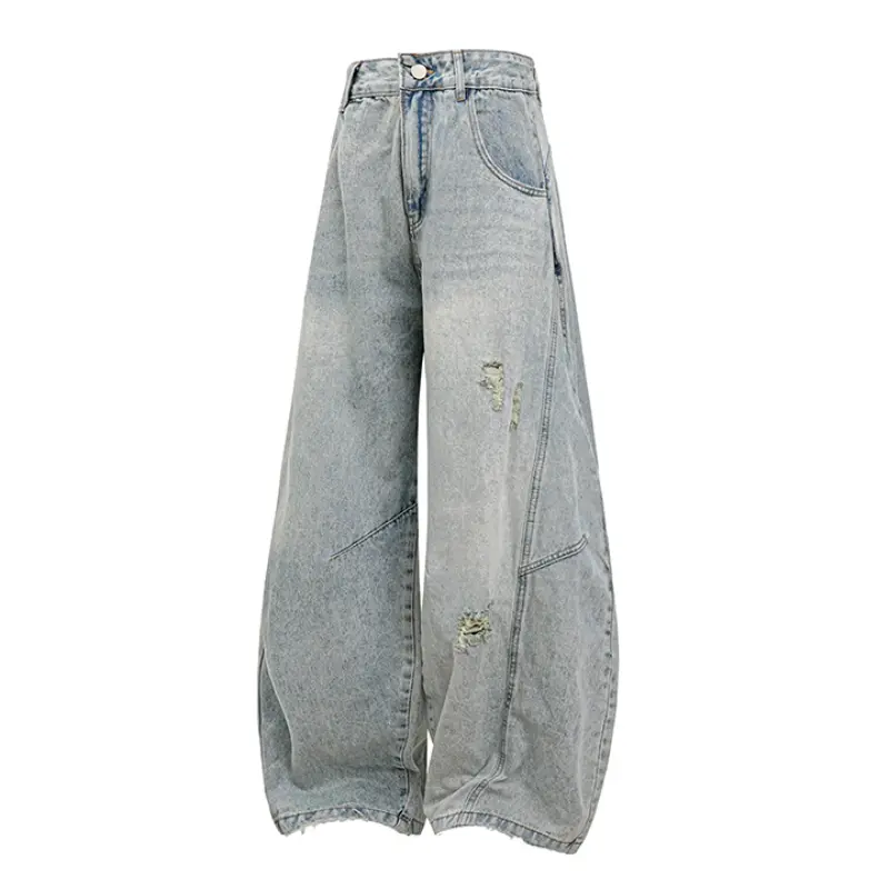 Men's Light Wash Distressed Baggy Wide Leg Denim Jeans, Patch Ripped Detailing Diagonal Contrast Stitching Raw Frayed Pant Hems Loose Oversized Vintage Y2K Denim Fabric Streetwear Bottoms For Street Style Daily Casual Spring Autumn Outfit Matching#Summer