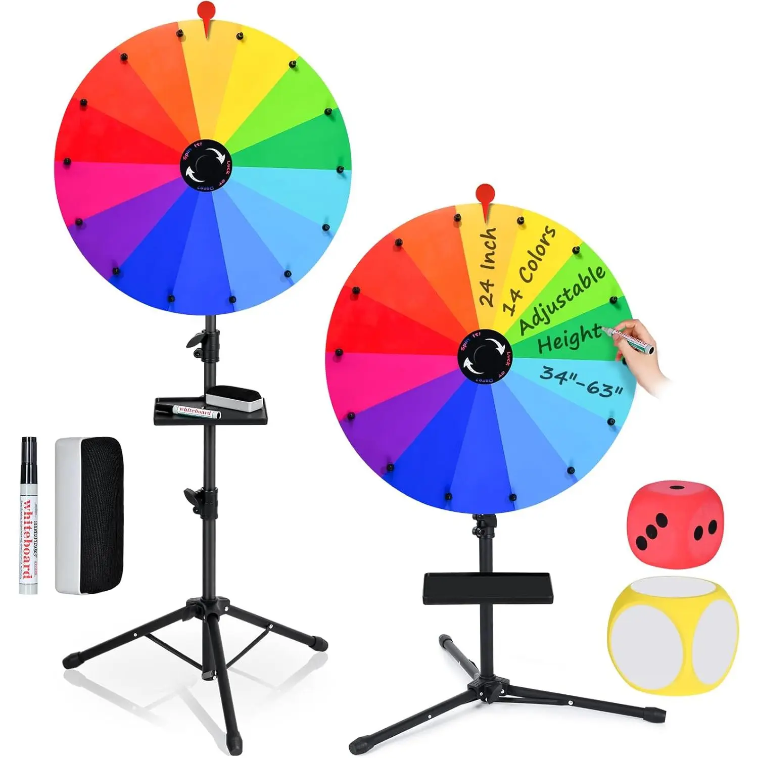 24 Inch Prize Wheel Spinner with Stand, Ajustable 34"-63" Height Heavy Duty Spinning Wheel for Prizes, Spin The Wheel Game with Stand for Tabletop or Floor, Suitable for Trade Show, Family, 14 Colors