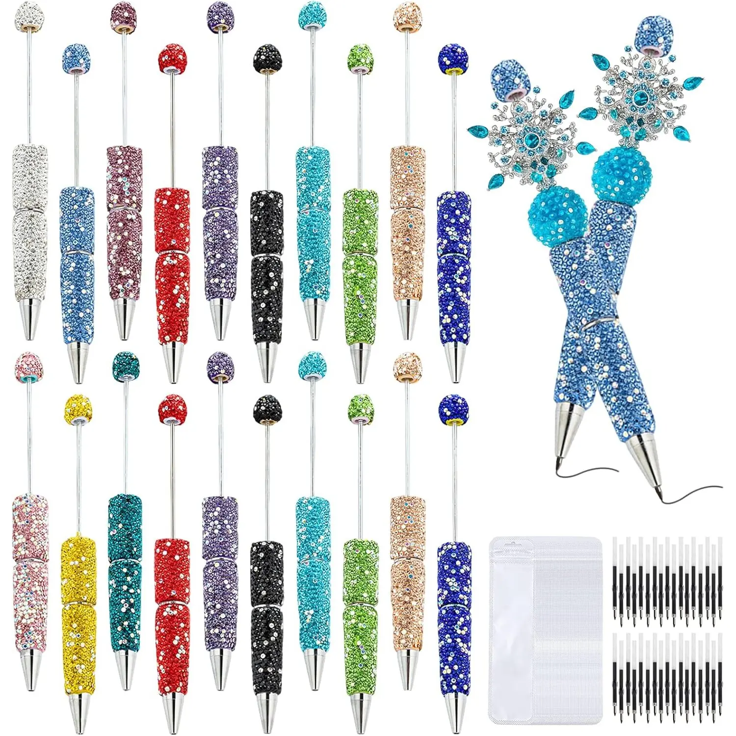 30 Pcs Rhinestone Beadable Pens Bulk Set 10 Diamond Pens 10 Refills & 10 Bags, Beaded Pen Kit Fancy Pen for DIY Pen, Office, Crafts, Ballpoint Making Supplies for gift