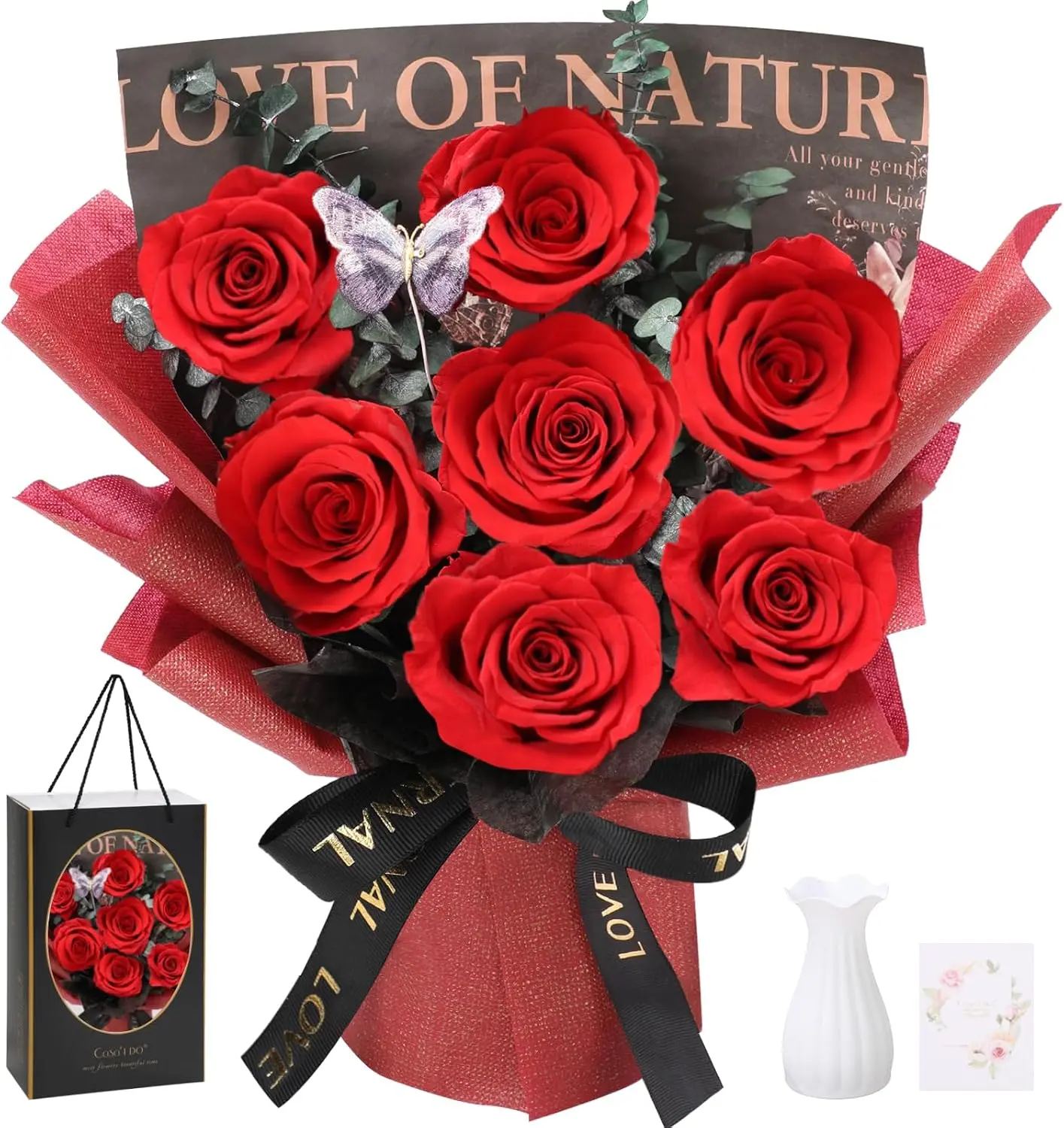 7 Preserved Real Red Roses Bouquet, Forever Eternal Flowers, Romantic Gift for Mom Wife Girlfriend for All Occasions
