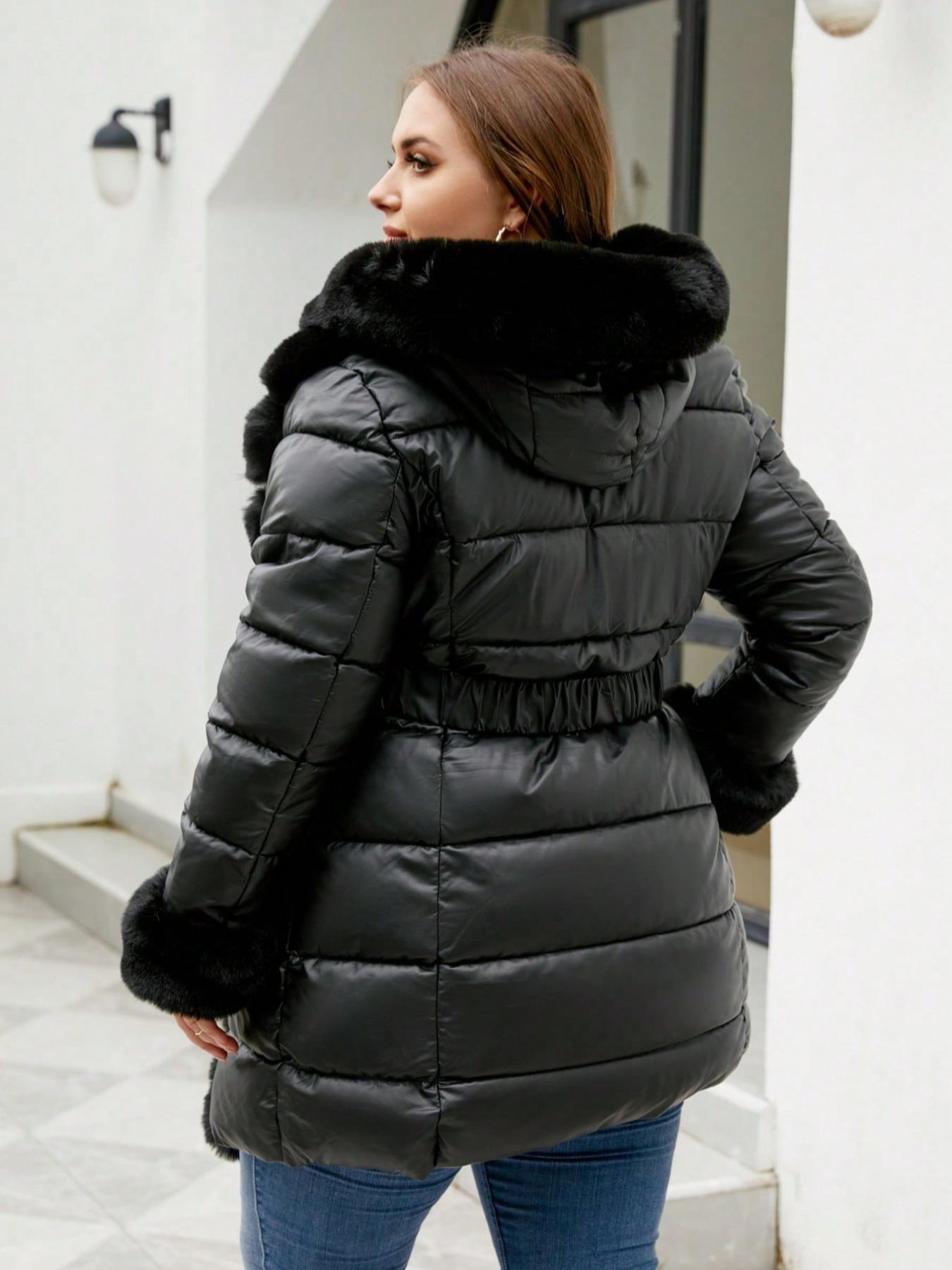 Women's Winter Long Hooded PU Cotton Coat, Elegant Fitted Warm Everyday Jacket with Belt, Vintage Plush Patchwork, Fall & Winter Outerwear