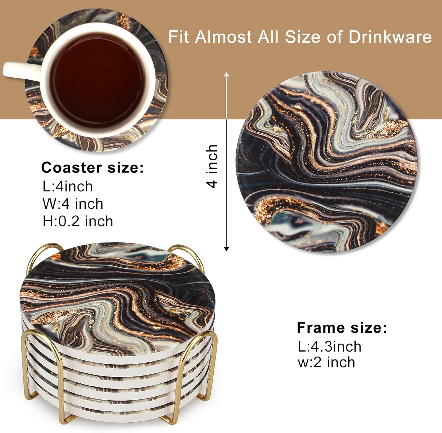 6 count Black and  Marble Coasters with Holder  Round Absorbent Coasters for Drinks, Coffee, , Table Marble Personalized Coaster Sets