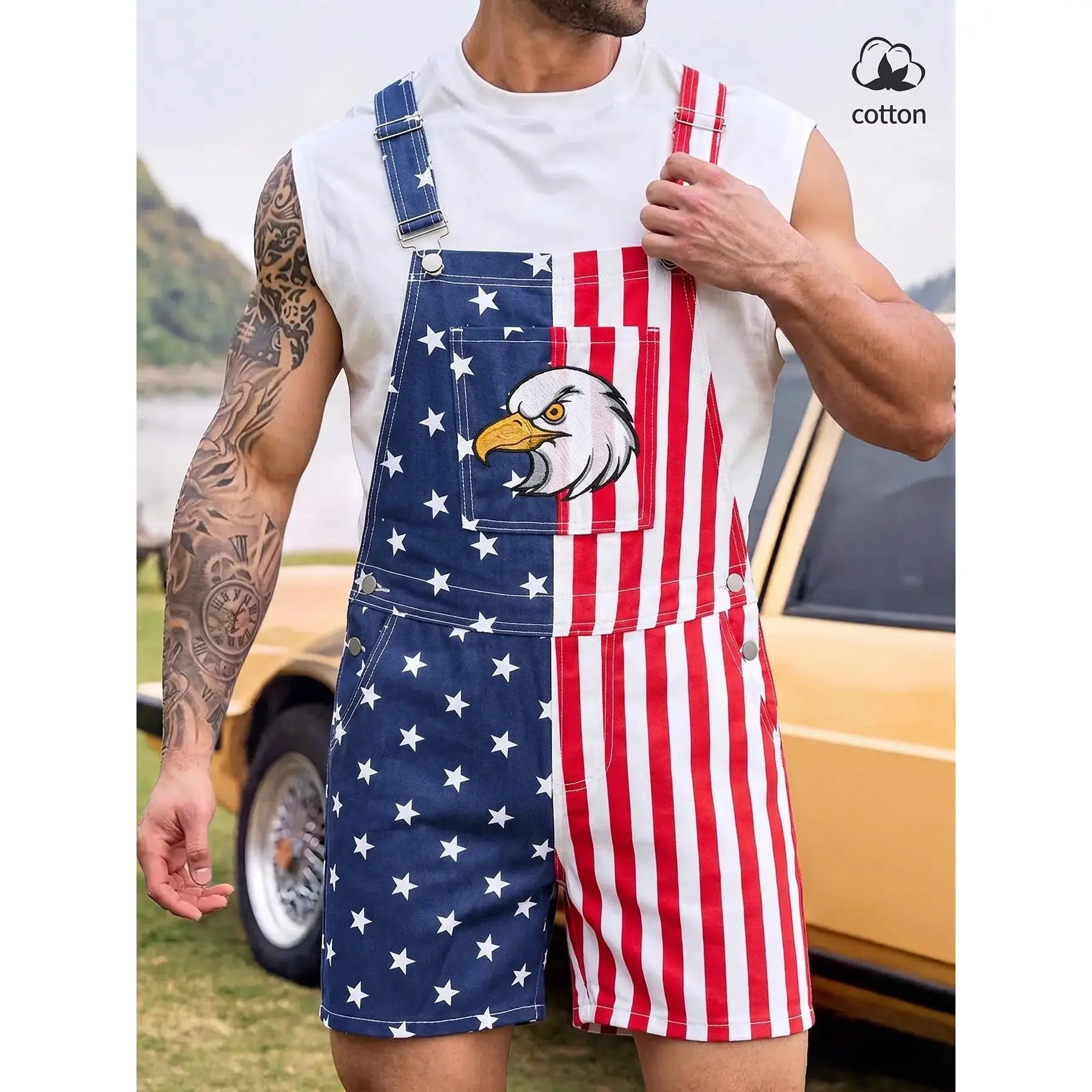 Men's Star Striped Eagle American Flag Cotton Denim Short Jumpsuit, Patriotic Romper, Adjustable Strap, Button Closure, Loose Fit, Fashion Casual, Outdoor, Independence Day Party, Overalls Shorts Jumpsuit