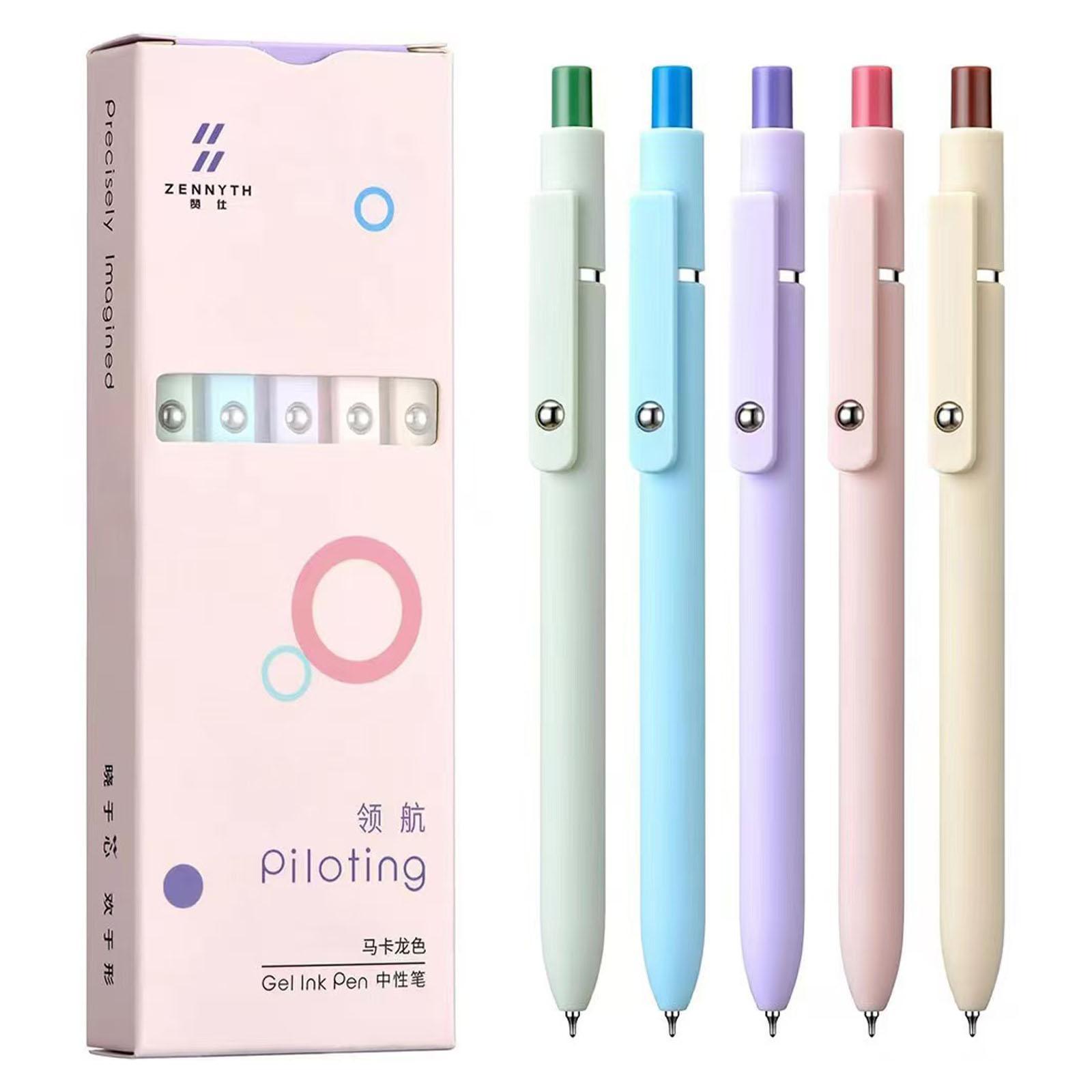 Retractable Gel Pen Office Accessories, 5 Pcs/set 0.5mm Black Ink Press Type Ballpoint Pens, Smooth Writing Pens, Stationery Writing Tools, Writing Stationery Supplies for Student, School Convenience Supplies, Aesthetic Pens