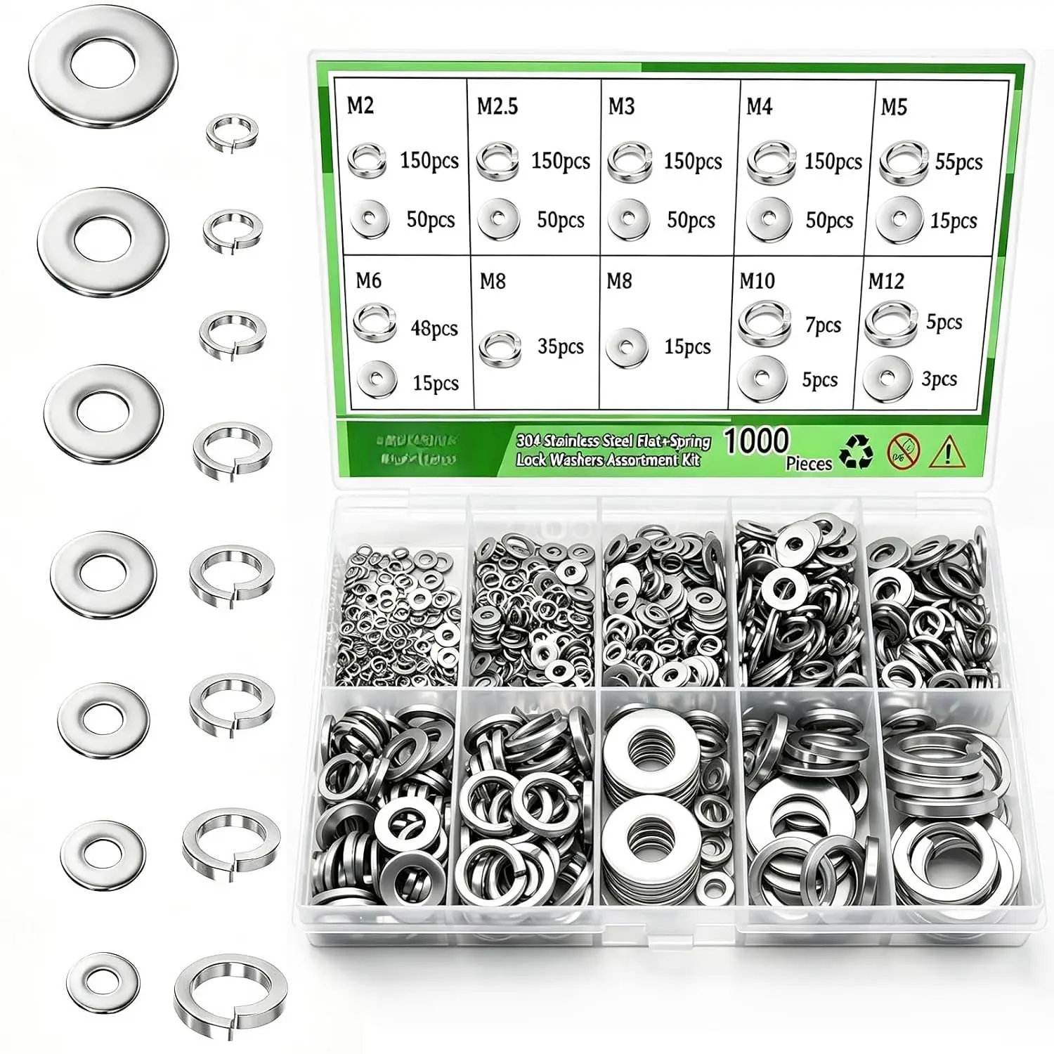 1000 count Flat Washer and Spring Lock Washers  Kit,9 Metric Sizes Washers for (M2,M2.5,M3,M4,M5,M6,M8,M10,M12),304 Stainless Steel Lock Washers & Flat Washers for Screws