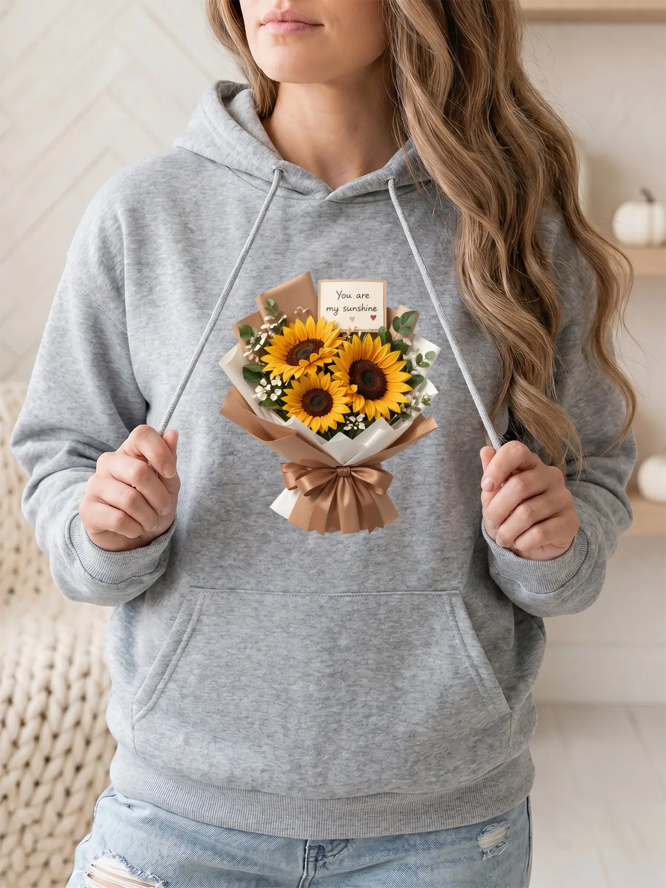 Women's fashionable hooded sweatshirt with printed "sunflower YOU ARE MY SUNSHINE" letters and patterns. Drawstring kangaroo pocket. Fall/winter casual sportswear sweatshirt. Suitable for casual parties and sports.