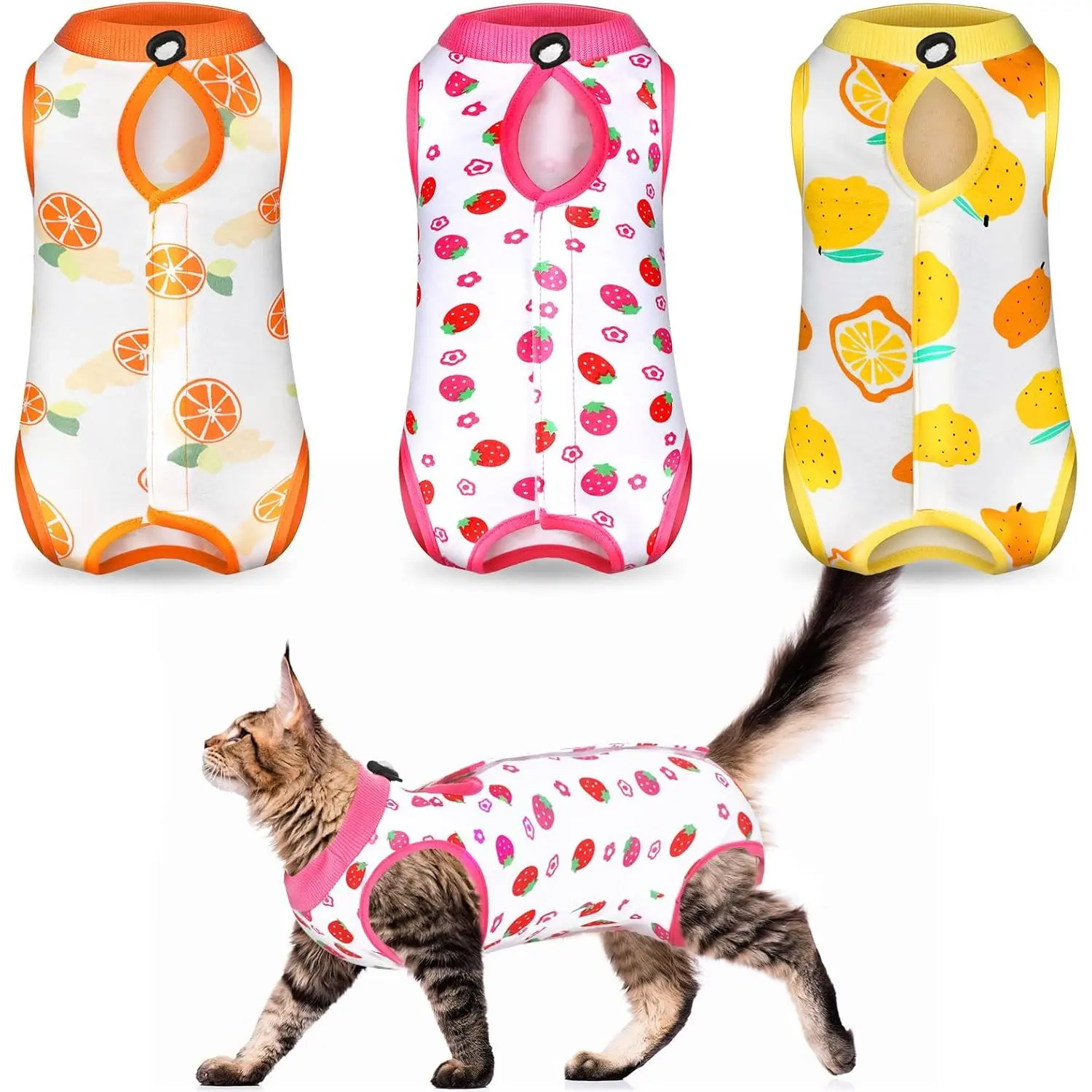 3-Piece Modal Fabric Cat Recovery Suit - E-Collar Alternative, Anti-Lick Abdominal Wear, Accelerates Recovery, Shrinkage-Resistant, Back Length 11.8 Inches, Colorful Fruit Style (Large) for Cats