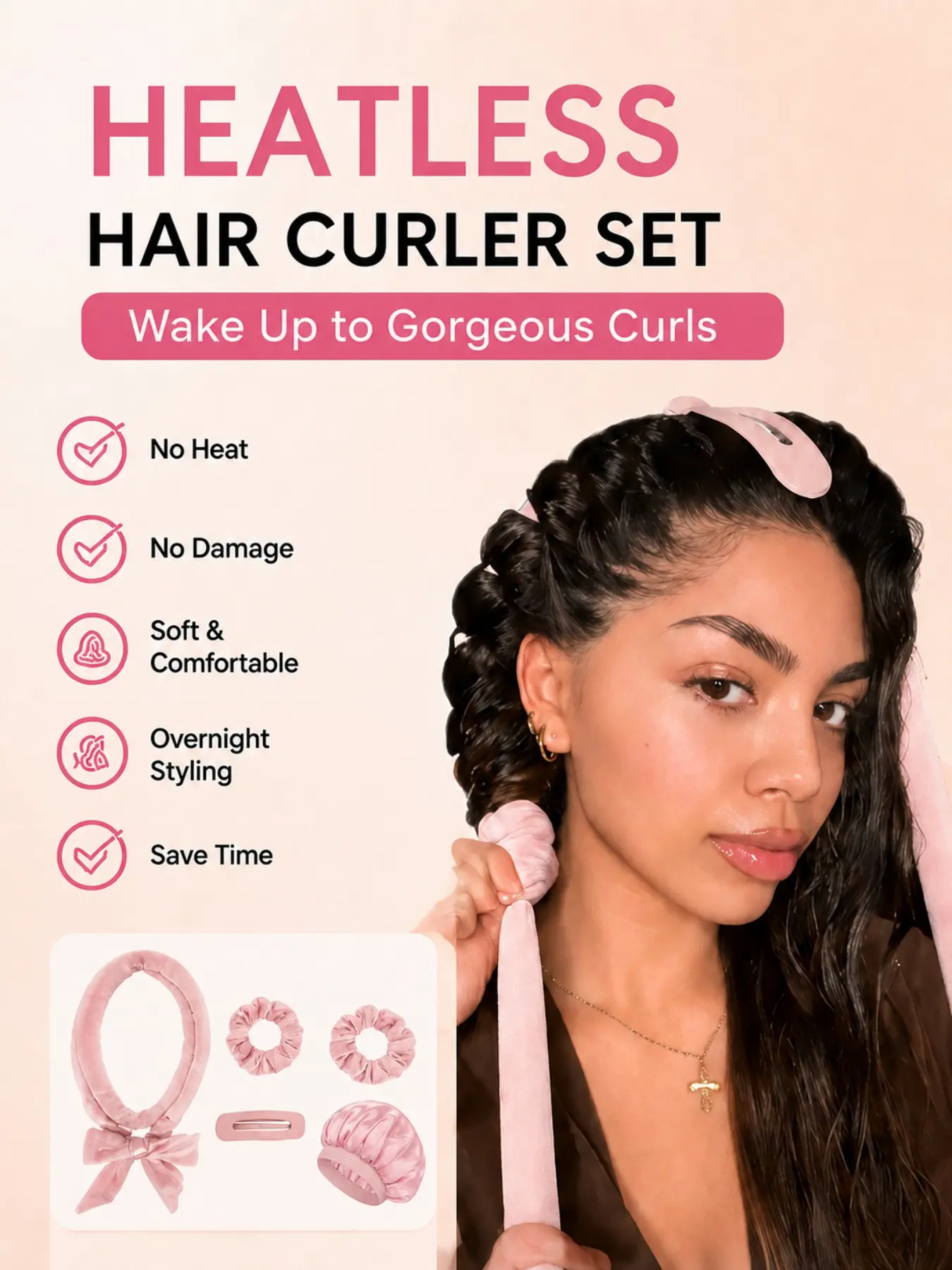 Heatless Hair Curler Set, Heatless Curlers for Women, Overnight Curling Rod with Scrunchies, Hair Clip and Satin Bonnet, Soft No-Heat Hair Styling Kit