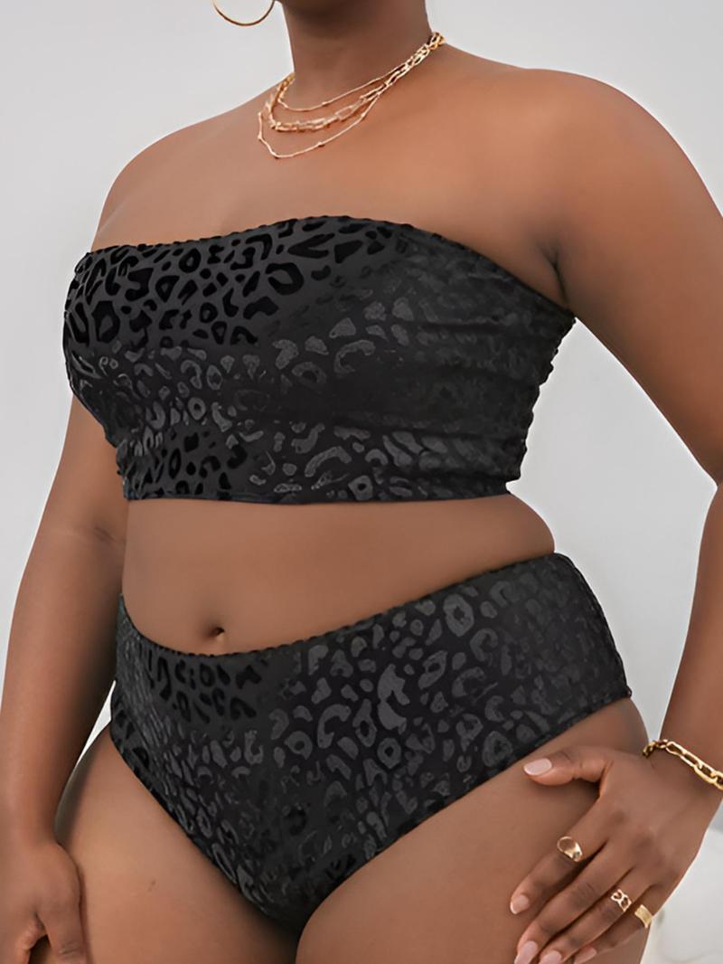 【Plus Size】Two-Piece Set Leopard Print Bikini Set, Casual Strapless Swim Top & High Waist Swim Bottom, Women's Two-piece Swimsuit for Summer Beach Holiday Vacation