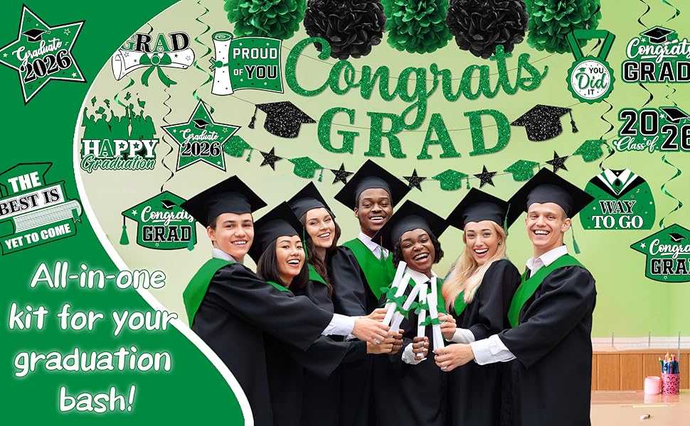 Green Graduation Decorations 2026, Graduation Decorations Class Of 2026 Green and Black Graduation Banner Graduation Congrats Grad Hanging Swirls for College Grad Party