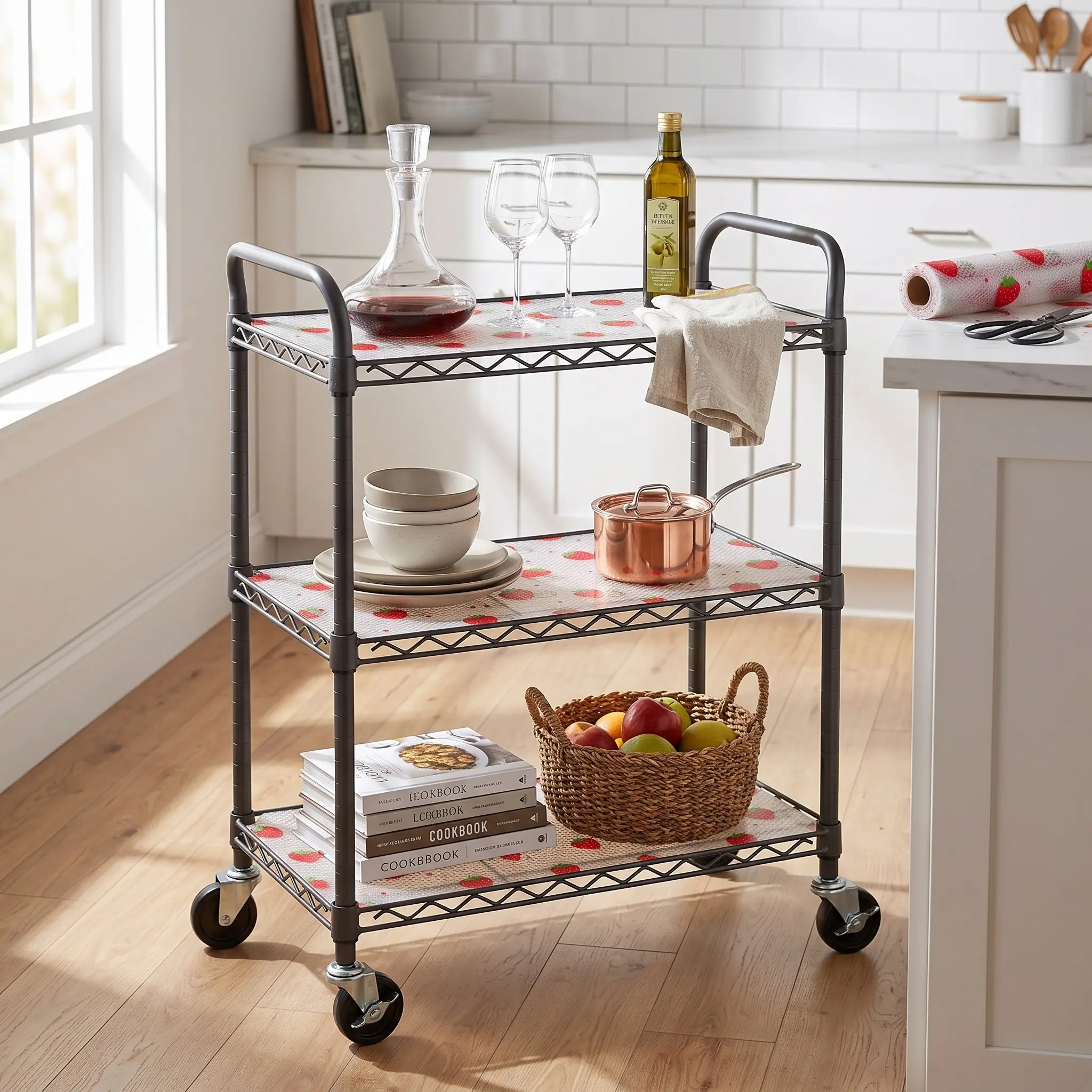 Eva Kitchen Cabinet Liner, Non-Stick Waterproof Oil-Resistant, Bright Strawberry Design, Easy Clean Durable, Anti-Slip Shelf Protector