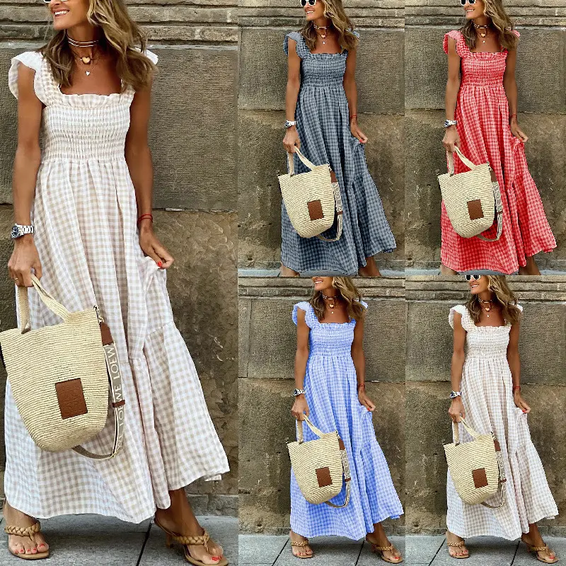 Women's Retro Plaid Polyester Smocked U-Neck Spaghetti Strap Flounce Long Dress - Sleeveless, Flowy, Hide Belly, with Pockets, Cute Elegant All Seasons Plus Size Casual Evening Womenswear, Plus Size Dresses