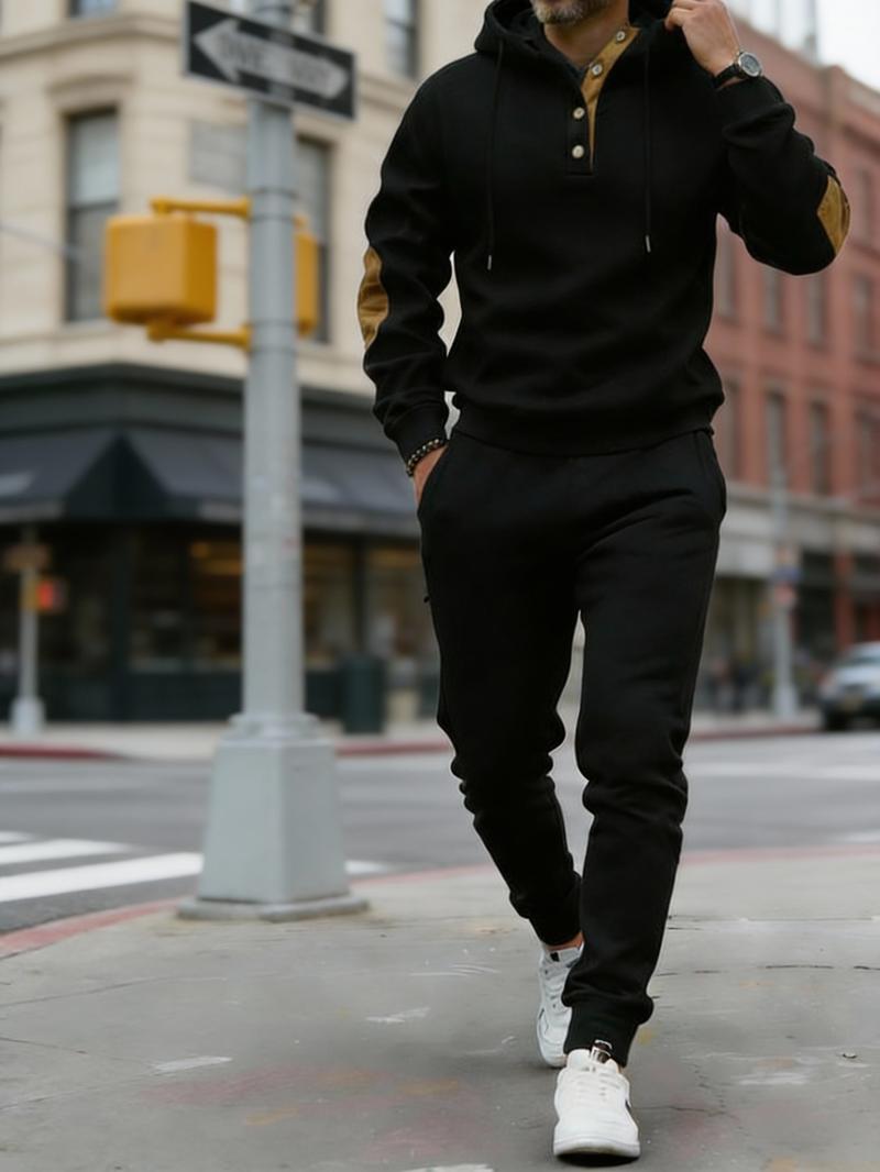 Vintage Style Men's 2-Piece Loungewear Set - Textured Fabric Hoodie with Button Placket & Contrast Details Casual Beige