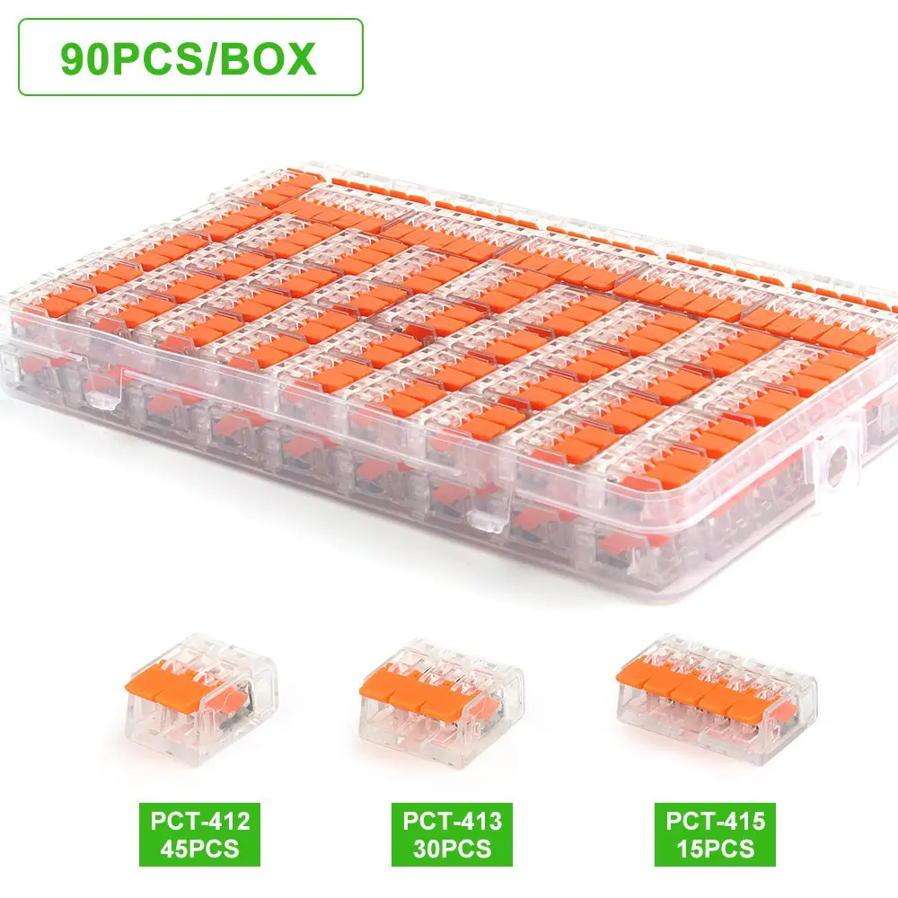 90PCS mini quick home wiring terminals, 2/3/5 port push in wire connectors, AWG 28-12 electrical connection terminals, portable boxed lever compact connectors, suitable for various wire splicing and wiring