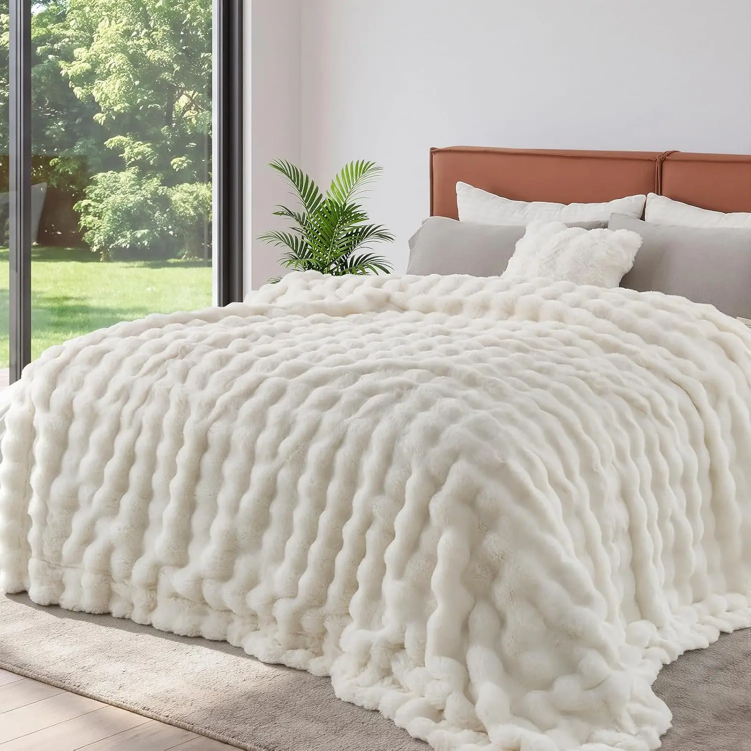 King Size Faux Fur Blanket Cream White - Big Bubble Rabbit Fluff Throw for Bed Large Fluffy Fuzzy Cozy Thick Furry Plush Shaggy Blankets 108x90 Inches