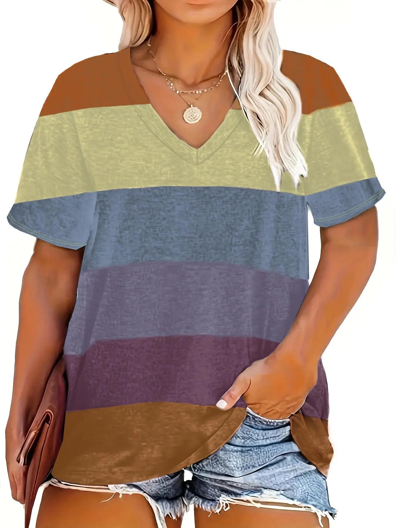 Plus Size Colorful Patchwork Print V Neck Tee, Plus Casual Stretchy Short Sleeve T-Shirt for Summer, Summer Outfits 2024, Women's Plus Clothing for Daily Wear