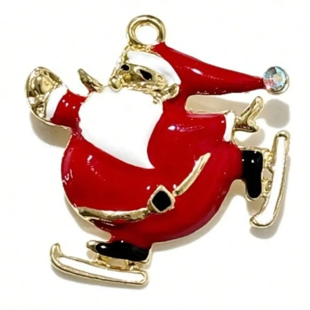Skating Santa Claus Brooch Red White Enamel Gold Trim Unisex Winter Holiday Xmas Lapel Pin