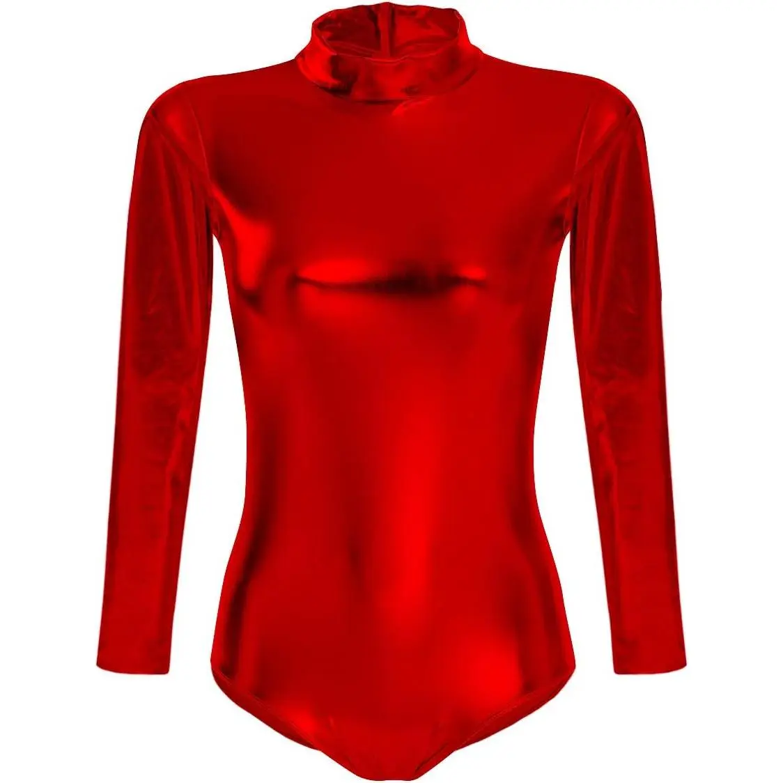 Women Shiny Metallic Long Sleeve Leotard Mock Turtleneck One Piece Bodysuit for Gymnastics Ballet Dance