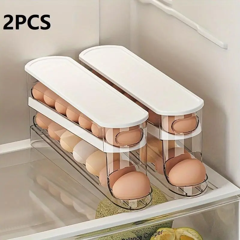 2 Piece Transparent Egg Storage Box, Space-Saving Roll Axis Egg Holder, Durable Plastic Refrigerator Egg Organizer, Kitchen Accessories
