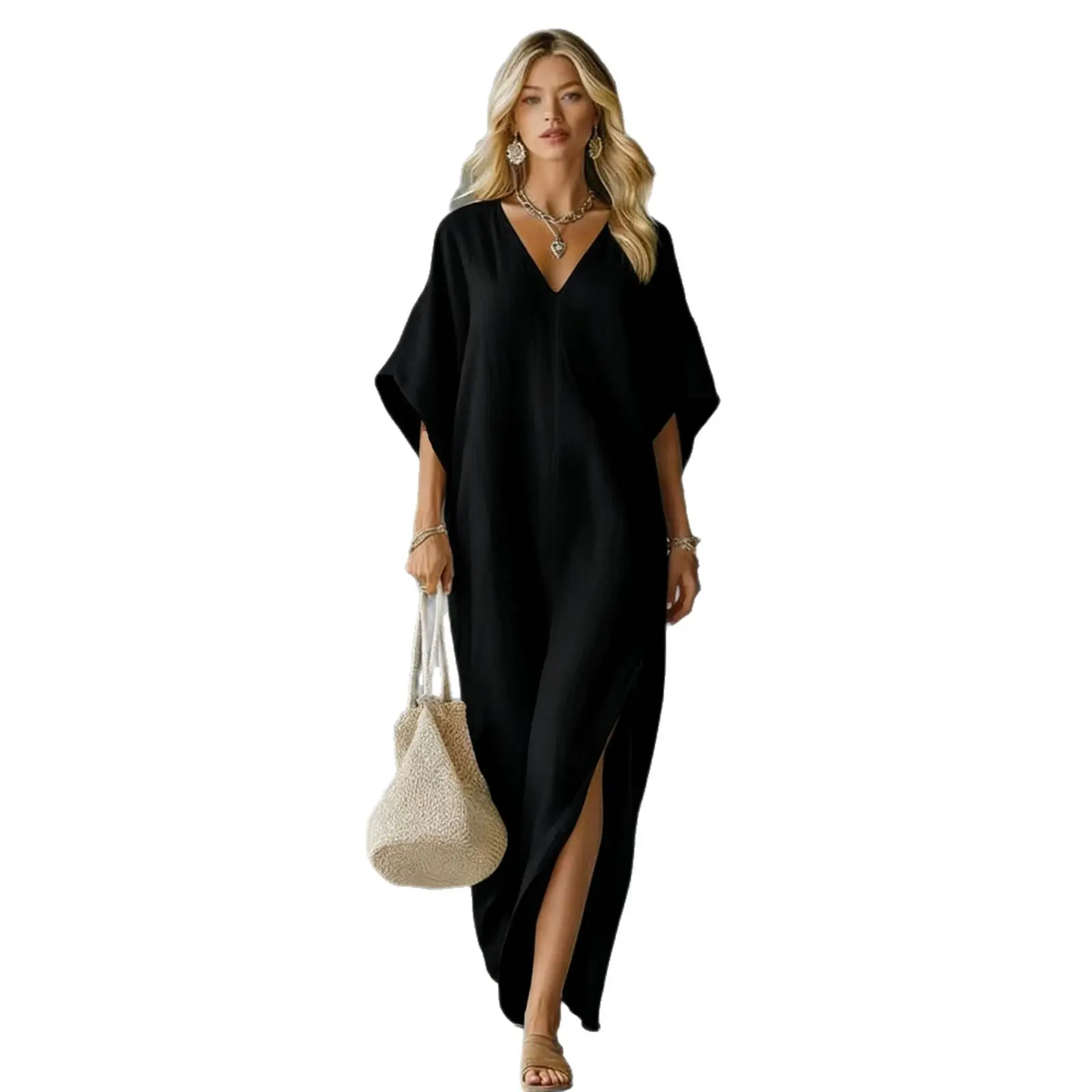 Female 3/4 Sleeve Sports Kaftan Dress - Breathable Polyester Fiber Beach Cover-Up, Non-See-Through, Quick-Dry, Sun-Protective for Vacation, Pool Use, Machine Washable