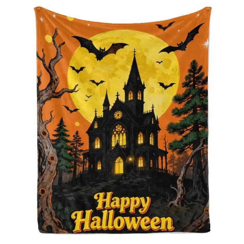 Happy Halloween Haunted House Flannel Blanket Soft Warm Throw Blankets Bedding Bed Accessories, Vintage Halloween Full Moon Bat Castle Decor Blanket Home Sofa Couch Cover, Spooky Halloween Night Ghost House Plush Blanket Holiday Decor Home Decor Spooky Se