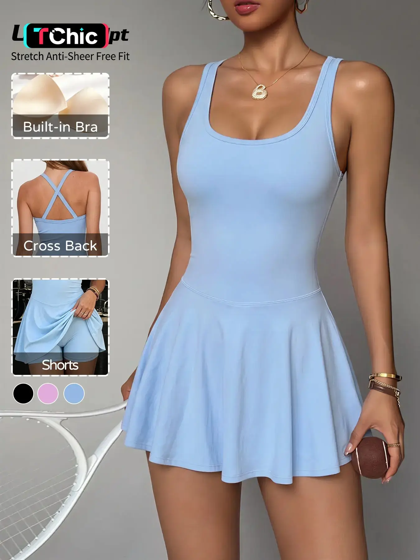Women's All-in-One Anti-Slip Athletic Tennis Dress with Sewn-in Bra Pads & Safety Shorts. Crisscross Open Back, Waist Cinched Slim Fit. Perfect for Pickleball, Tennis, Badminton, Yoga, Gym Workouts & Daily Casual. Workout Dresses