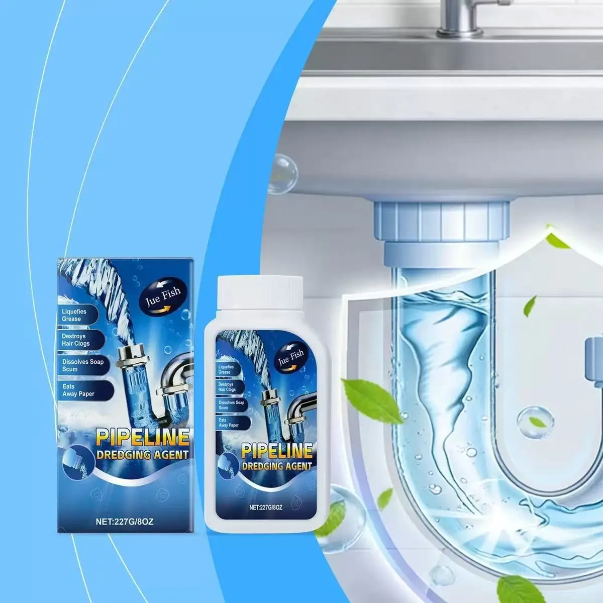 Jue Fish Drain Unblocker, Dissolves Grease and Hair, Unclogs Kitchen and Bathroom Drains, Effective Plumbing Solution, Easy to Use