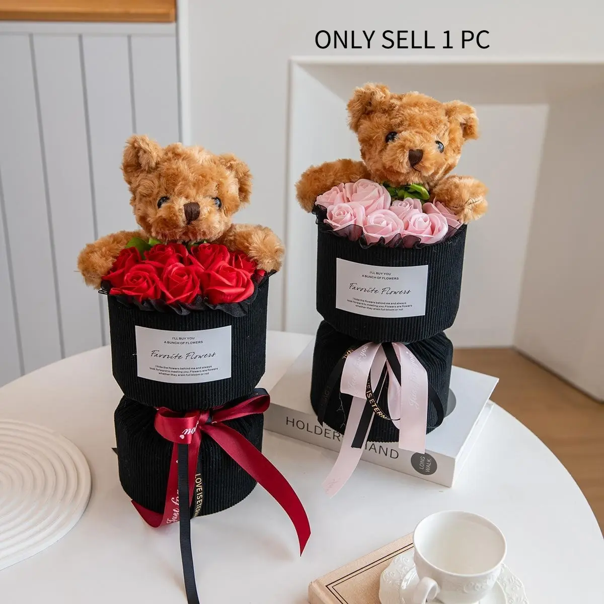 Cute Teddy Bear Rose Bouquet Imitation Flower Bouquet Decor Adorable Home Decor for Living Room Bedroom Perfect Valentine’s Day Girlfriend Gift