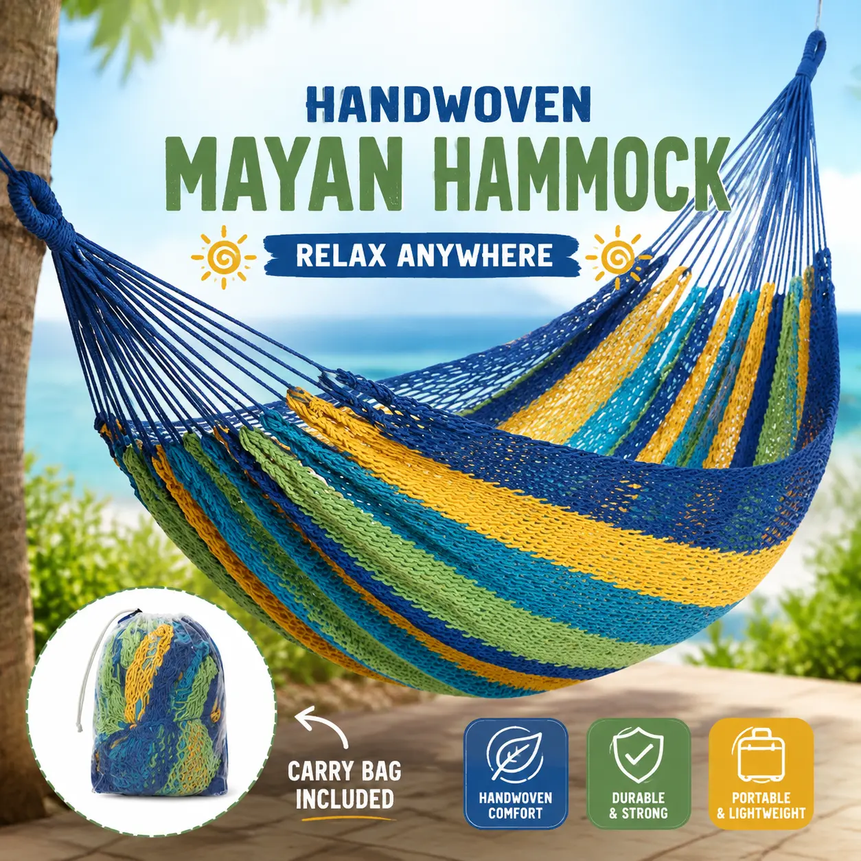 Handwoven Mayan Hammock - Portable Family Hammock with Carry Bag Matrimonial Size Multi-Color Handmade Hammock for Travel Camping Backyard, Porch, Outdoor or Indoor Use| Portable design, ideal for travel, camping, backyard, porch