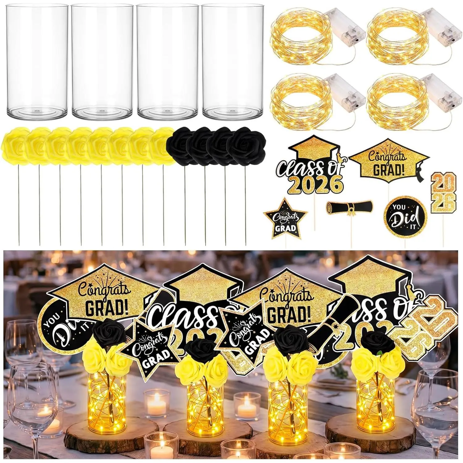 Potchen 4 Sets 2026 Graduation Centerpieces for Tables, LED Light up Class of 2026 Party Decorations with Acrylic Vases, Artificial Roses & Sticks for College High School Prom Decor(Gold Black)