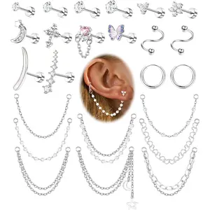 Classic 24 Pcs Silvery Rose Golden Ear Studs for Women Men Diverse Stainless Steel Alloy Stud Earrings Shining CZ 20G Cartilage Chain Earrings Set Flat Back Earrings Small Hoop Earrings Dangle Cartilage Helix Tragus Piercing Jewelry